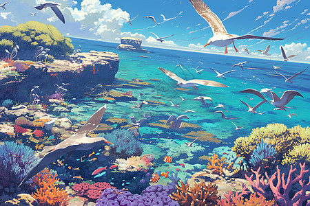 绘画的海洋和海鸥图片