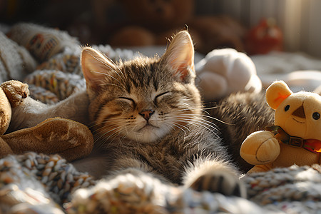 毛毯上睡觉的小猫图片