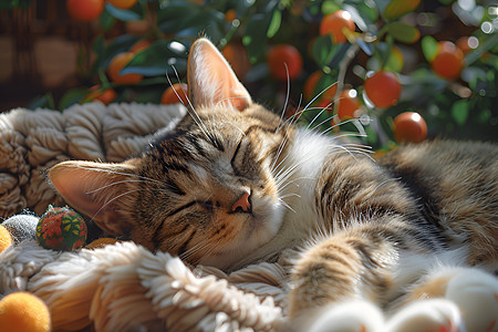 毛毯上睡觉的猫咪背景图片