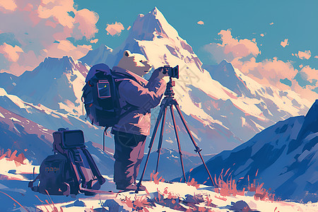 熊拍摄着雪山美景图片