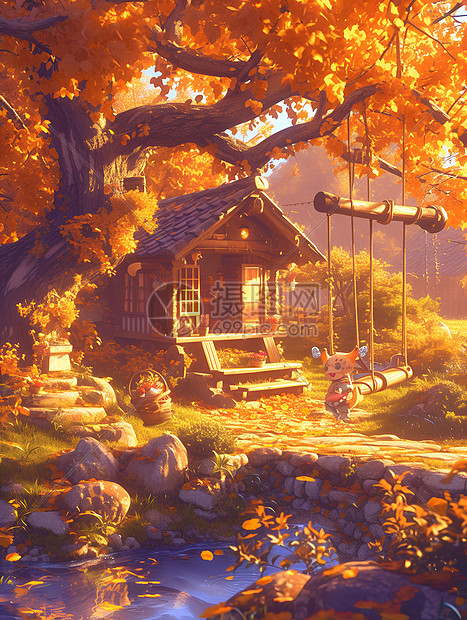秋天古树下的房子图片