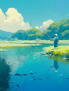 河岸钓鱼的宁静氛围图片