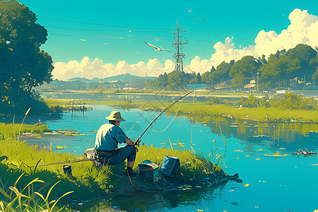 宁静河畔钓鱼人图片