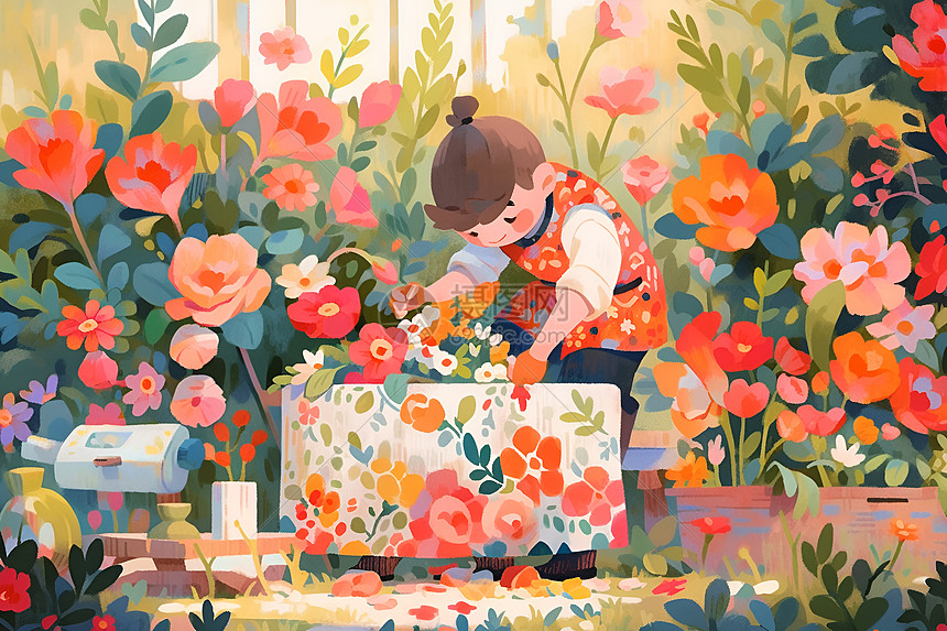 小男孩在花园里照顾花朵图片