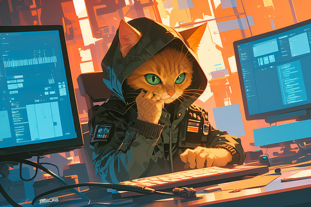 黑客电脑黑客猫咪插画