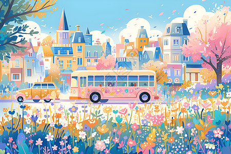 城市的粉色巴士图片