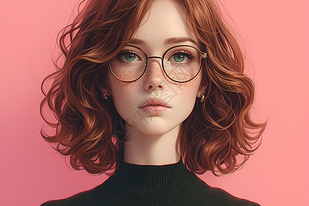 粉红色背景中戴眼镜的女子图片