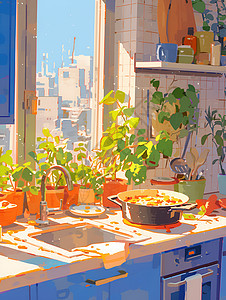 阳光倾洒的厨房图片