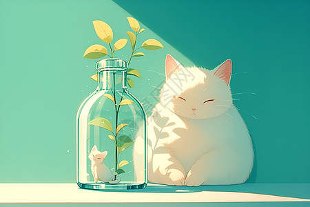 可爱的白猫与瓶子高清图片