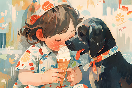 男孩给狗狗吃冰淇淋高清图片