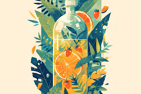 绿叶和浆果装饰的橙汁瓶图片