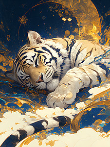 巨虎躺在蓝金云彩中图片