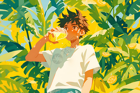 少年喝柠檬水的插画图片