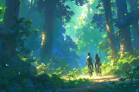 城市森林青年情侣在森林中骑行插画