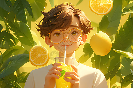 清新夏日男孩享受柠檬水图片