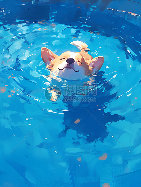 清澈泳池中的小狗图片