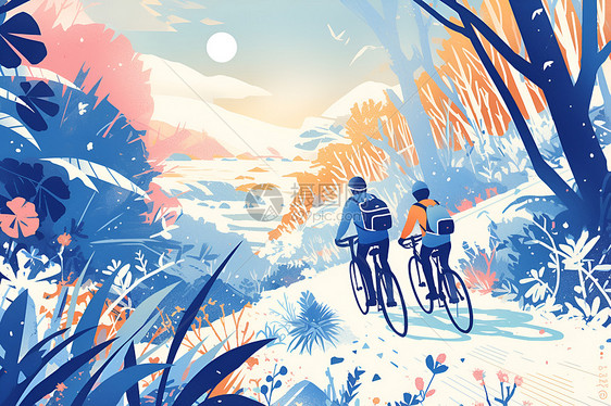 夕阳下两名骑自行车的人图片