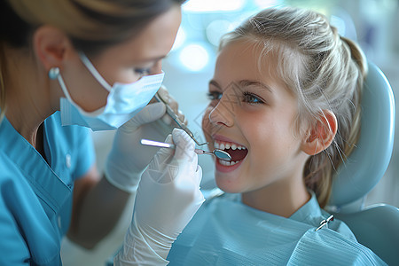 小女孩在牙医诊所接受检查图片