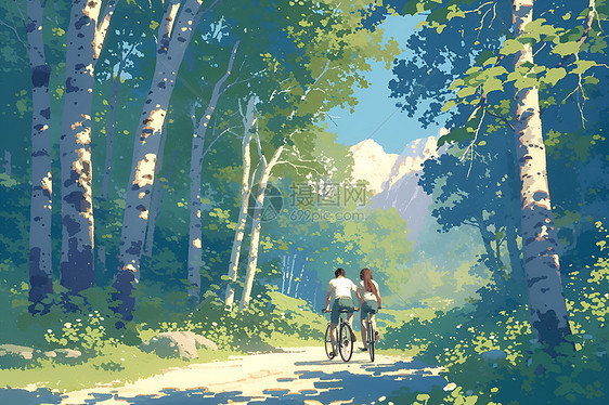 森林中骑行的情侣图片
