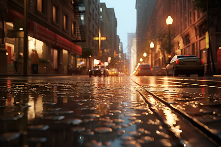 雨后湿润的城市街道高清图片