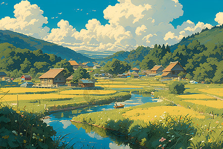 田野里的河流村庄图片