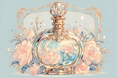 玫瑰花丛里的香水瓶图片