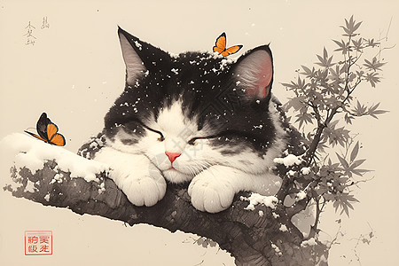 树上睡觉的猫咪背景图片
