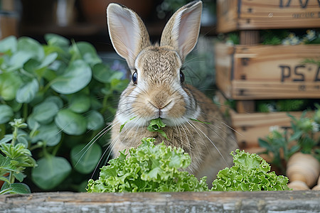 可爱的小兔吃着青菜图片