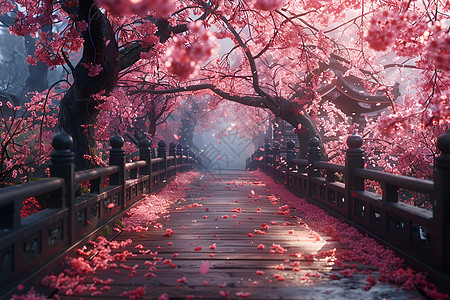 桥上的粉色樱花背景图片