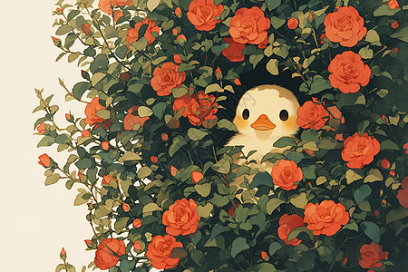 小鸭在玫瑰花中图片
