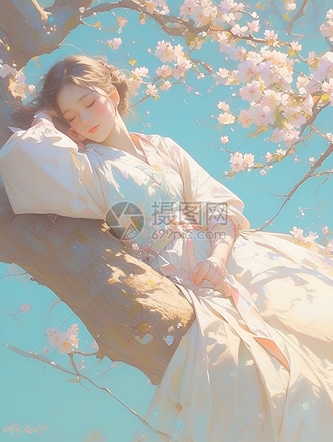 梦幻桃花树上的女子图片