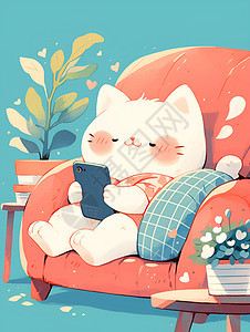猫咪坐沙发上玩手机图片