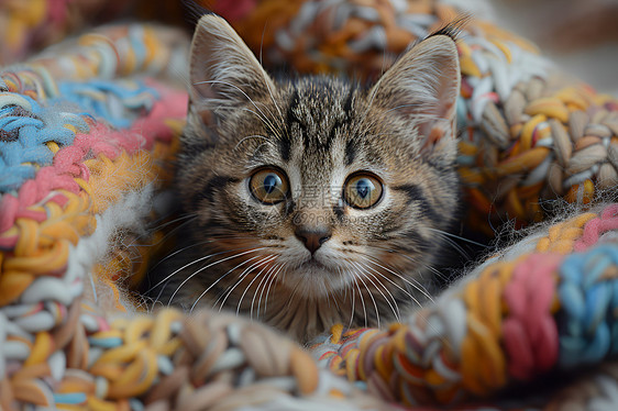 小猫隐藏在一堆毯子图片