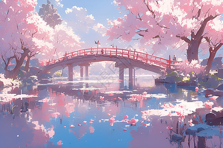 桥梁边的粉色树木图片