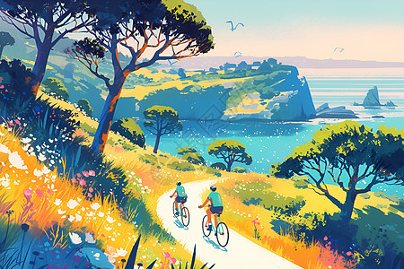 骑手沿着海滨小径骑行图片