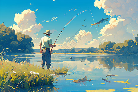 湖边钓鱼的男子图片