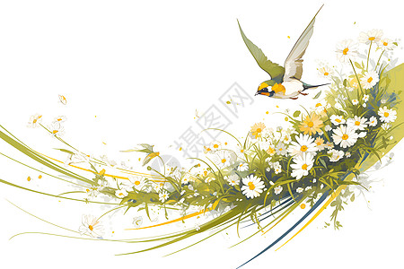 凡尔赛宫花园花丛里的飞鸟插画