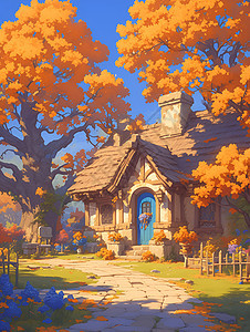 秋叶环绕的小屋图片