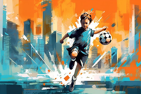男孩在城市里踢足球图片