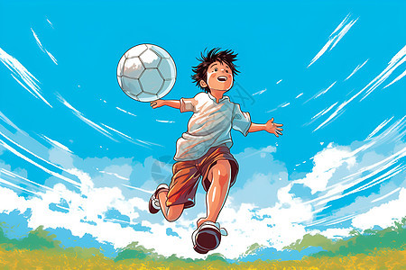 蓝天下踢足球的男孩图片