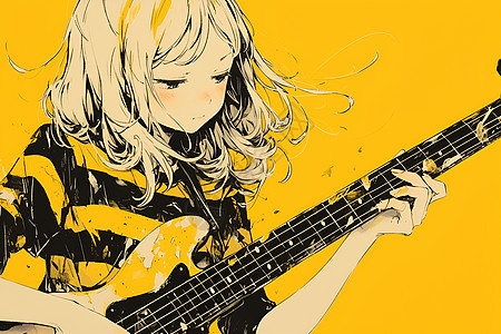 黄色背景中的吉他女孩图片