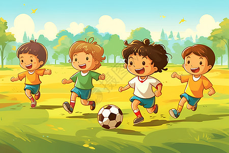 孩子在草地上踢足球图片