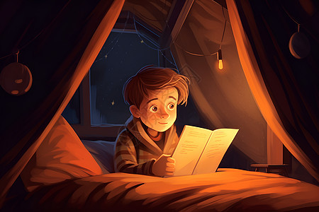 灯下阅读的小男孩图片