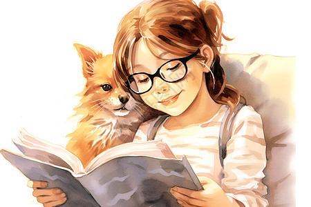 一起阅读的女孩和狗狗图片