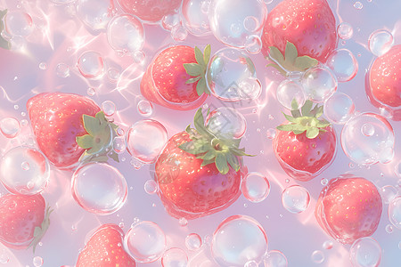 草莓和冰块在水中漂浮图片