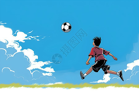 蓝天下踢足球的男孩图片