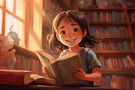 书架下阅读的小女孩图片