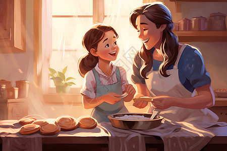 母女共同烘焙蛋糕背景图片