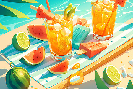 海边野餐垫上的西瓜冷饮图片
