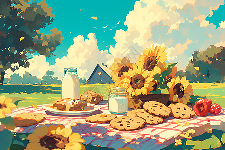 野餐垫上的鲜花和饼干图片